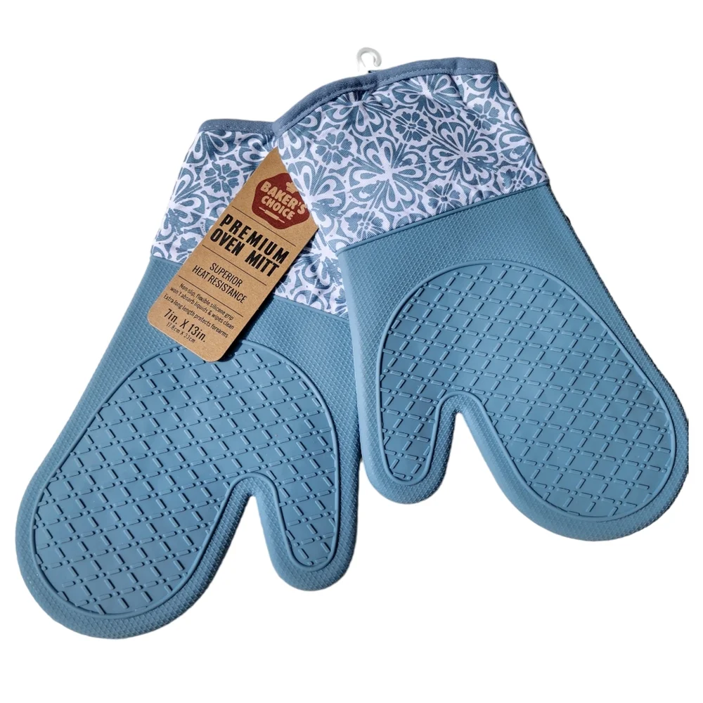 Bakers Choice Set of 2 Premium Cotton and Silicone Oven Mitts Printed Blue 13in